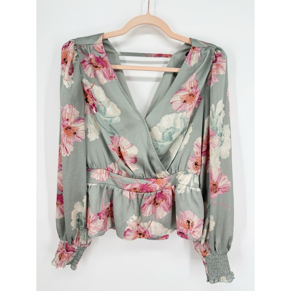 Express Women's Floral Faux Wrap Top with Tie Back and Peplum Long Sleeve‎ Small